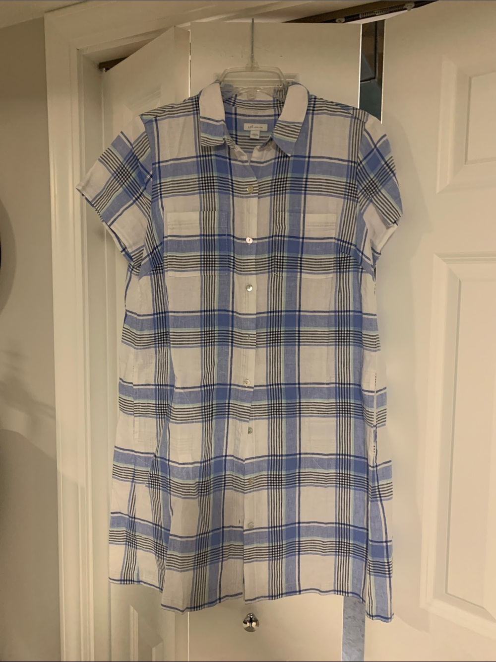 Blue & White Plaid Button-Front Tunic Dress